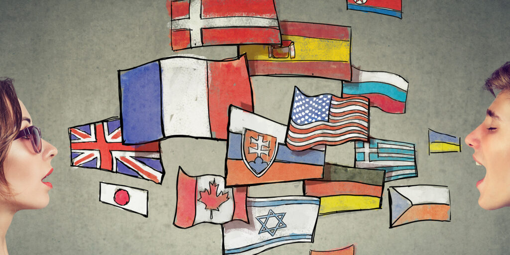 A man and a woman talk with illustrations of different counties' flags moving between them.